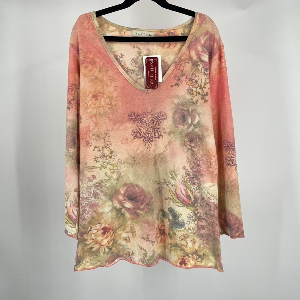 Y2K Euro Romantic Floral Top Shirt M V Neck Rhinestone Fairy Cottagecore New‎